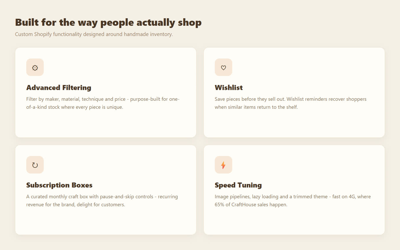 CraftHouse feature overview - advanced filtering, wishlist, subscription boxes and speed tuning