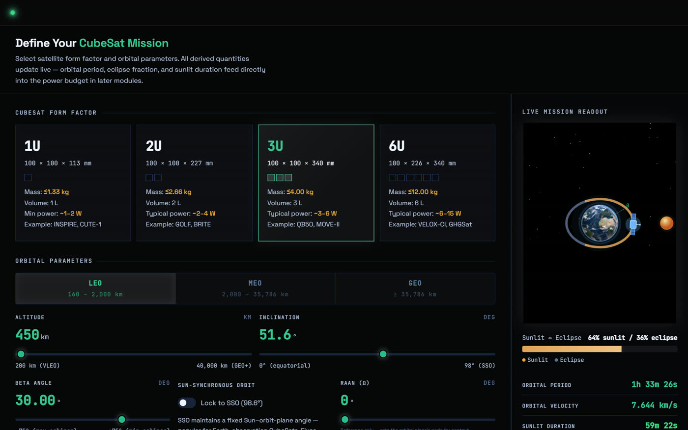 HESSAD mission design screen: CubeSat form factor cards, orbital parameter sliders, and a live mission readout panel with an Earth orbit visualisation