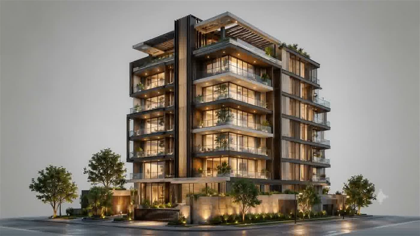 Luxury multi-storey residential tower render used in the KPM Builders website hero animation