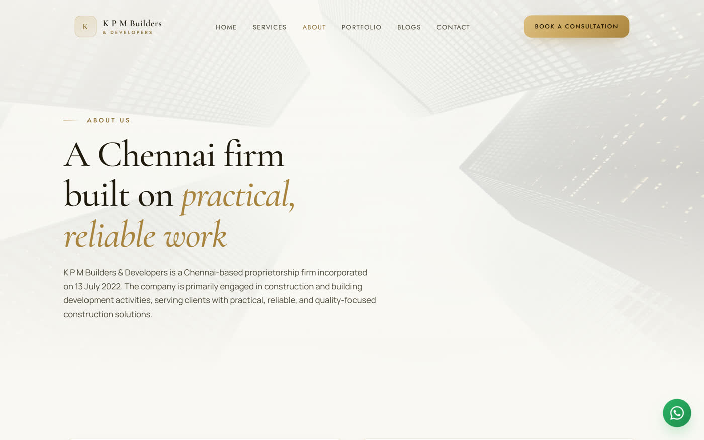 KPM Builders website - ivory and gold luxury design with elegant serif headings